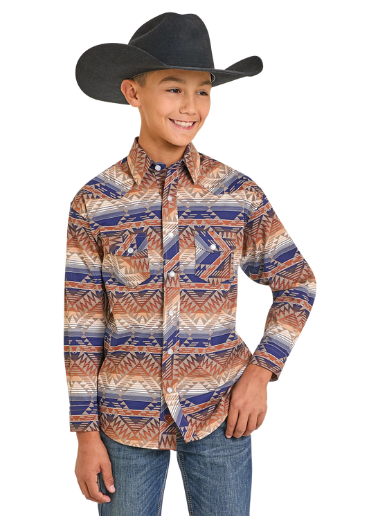 R&R BOYS' MULTI AZTEC LONG SLEEVE SNAP SHIRT