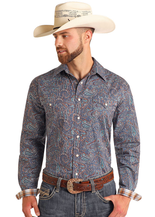 Panhandle Men's Navy Paisley Long-Sleeve Pearl-snap