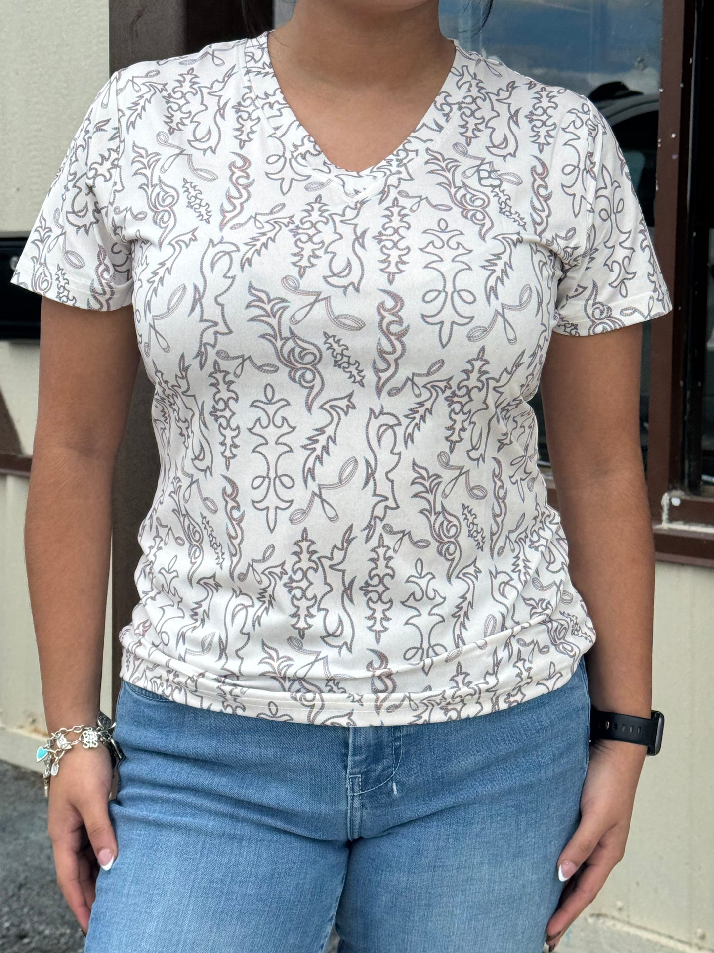 Panhandle Slim Women’s Boot Stitch Cream Print Performance Tee 🤠