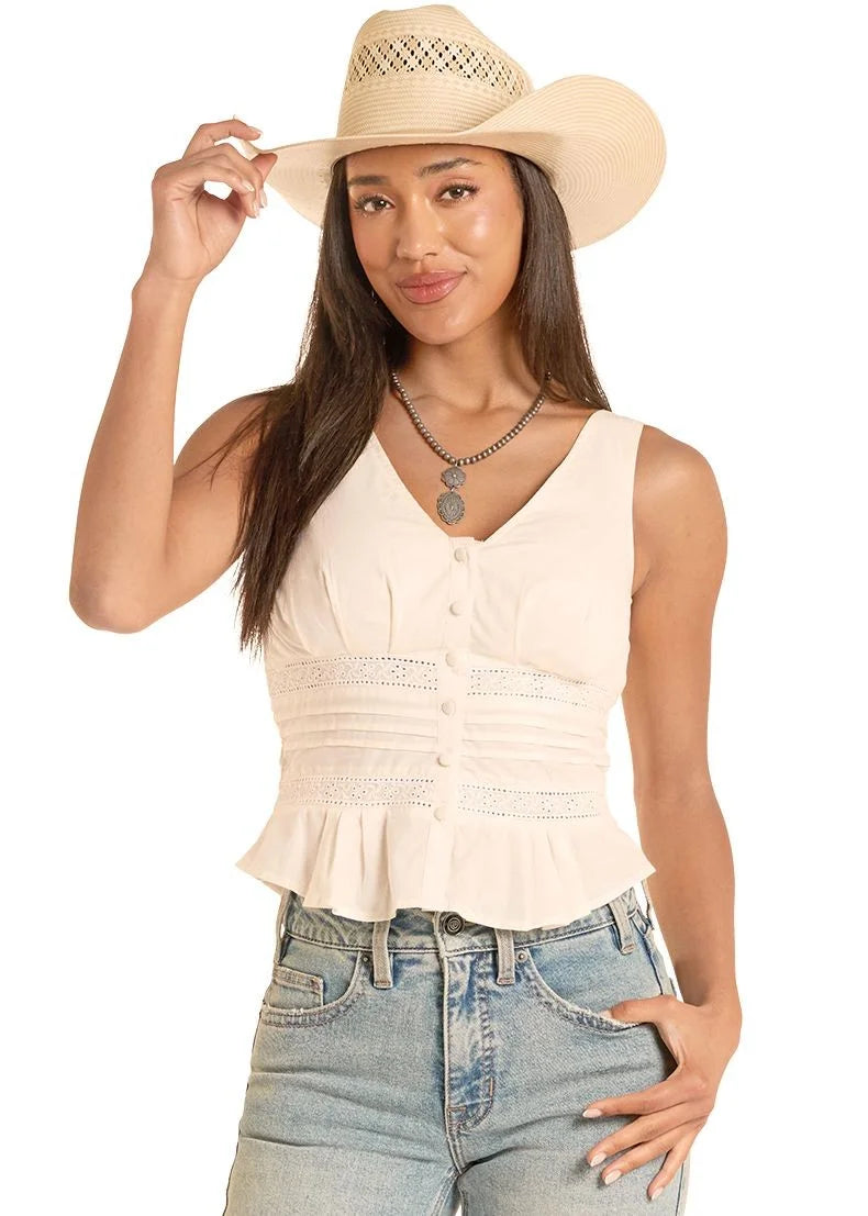 Rock&Roll BW20T08773 Women's Eyelet Inset Tank Natural