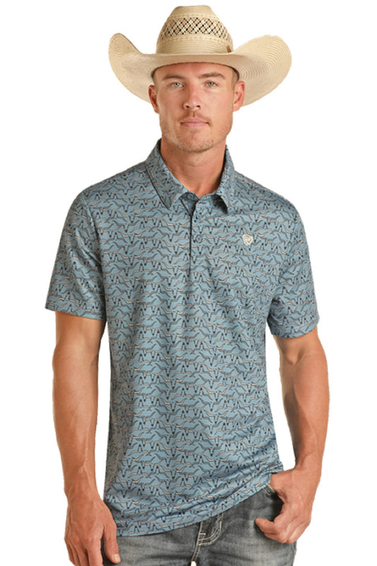 Rock&Roll Denim Longhorn Printed Polo - Blue