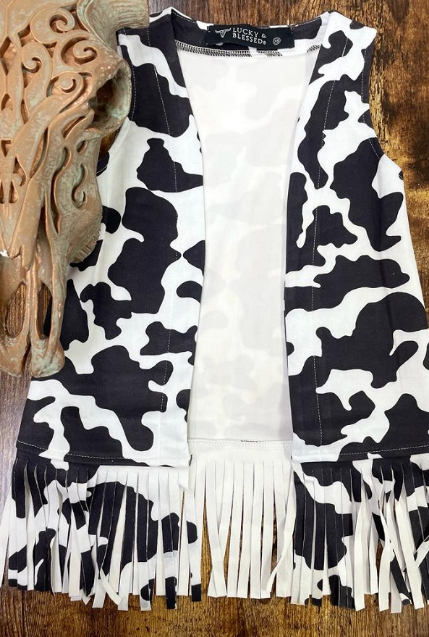 Girl's Cow Print Sleeveless Vest w/fringe