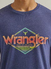 Load image into Gallery viewer, Wrangler Men&#39;s Denim Blue &amp; Tangerine Sunrise Logo Graphic Short Sleeve T-Shirt
