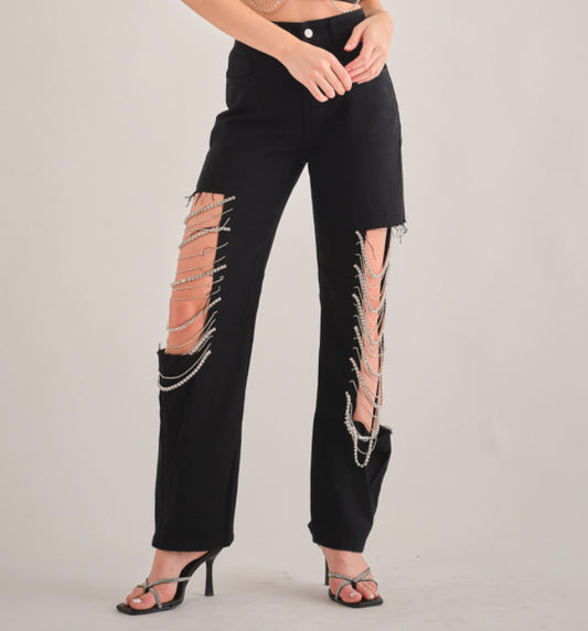 Rhinestone Chain Side Cut Out Pants- BLACK