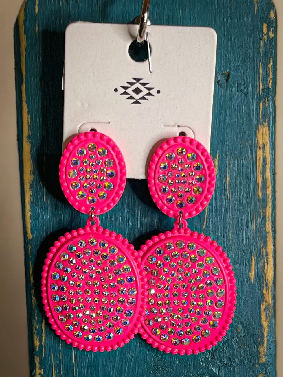 Neon Pink Rhinestone Dangle Earrings