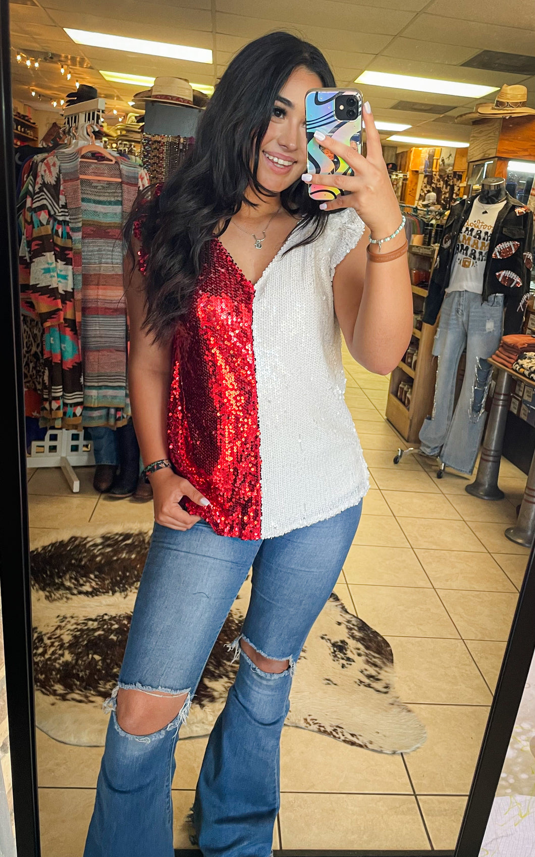 White & Red Sequin Top