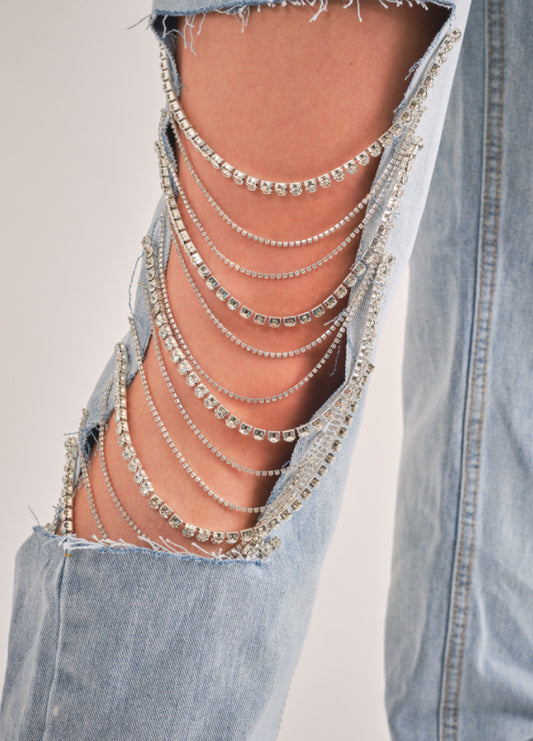 Rhinestone Chain Side Cut Out Pants- LIGHT WASH DENIM