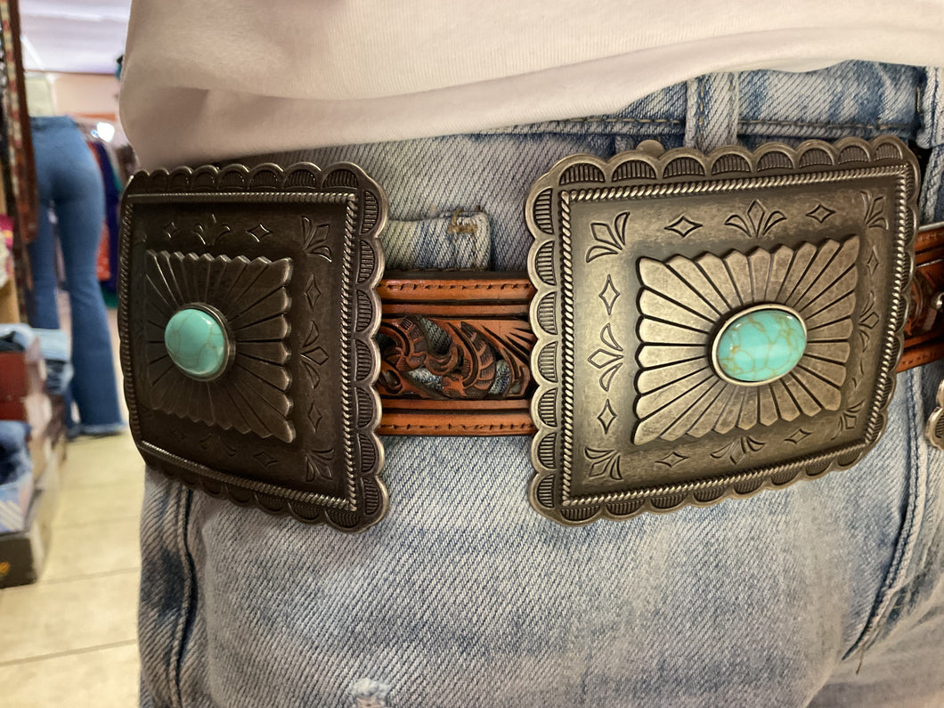 Rodeo Girl Brown Concho Belt with Turquoise