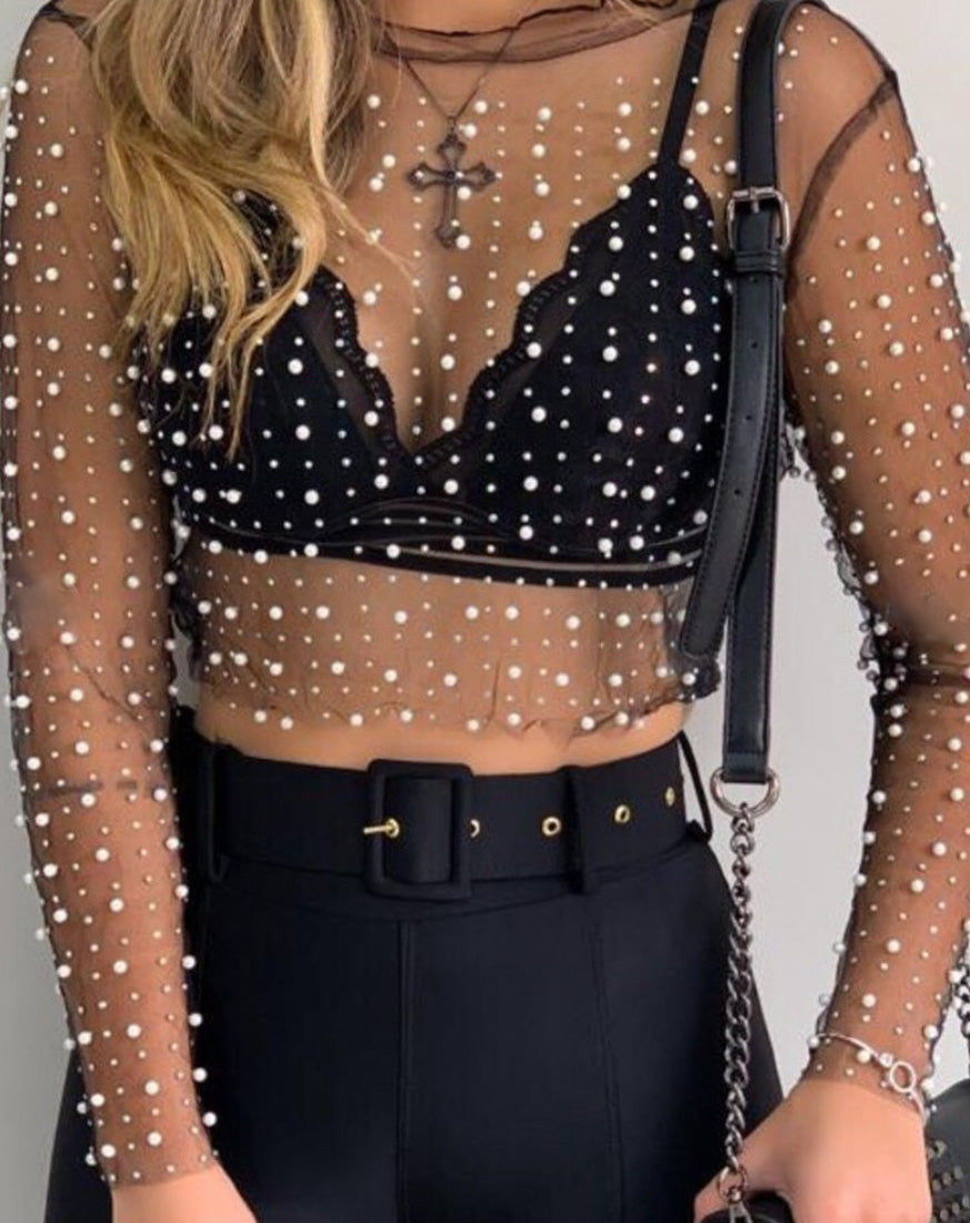 Love Like This Pearl Rhinestone Mesh Top- BLACK