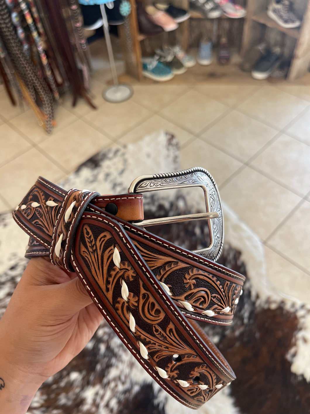 Nacona Men's Tooled Basket Lace Belt