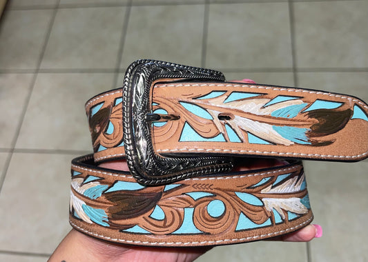 Nocona Men's Turquoise Feather Tooled Belt