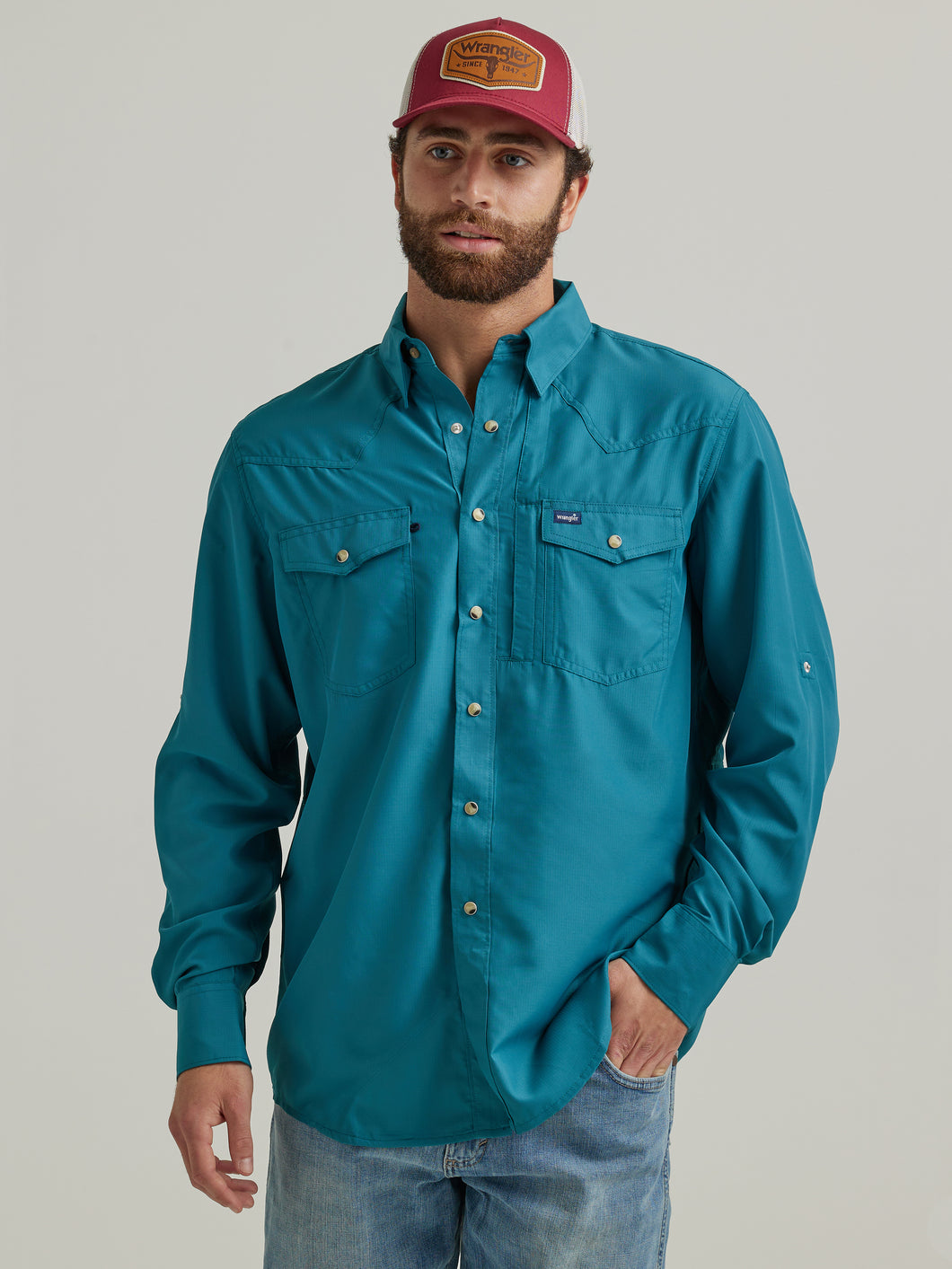 Wrangler Men's Teal L/s Performance Solid