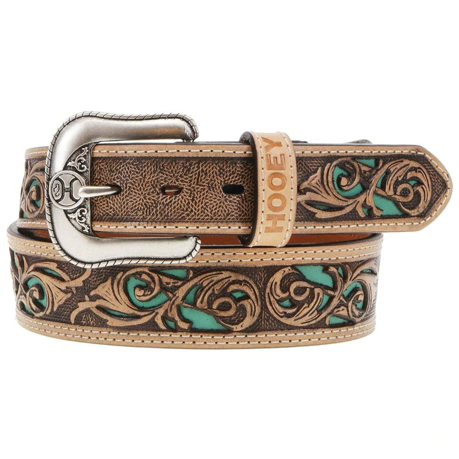 "Top Notch" Hand Tooled HOOEY Belt Natural/Turquoise