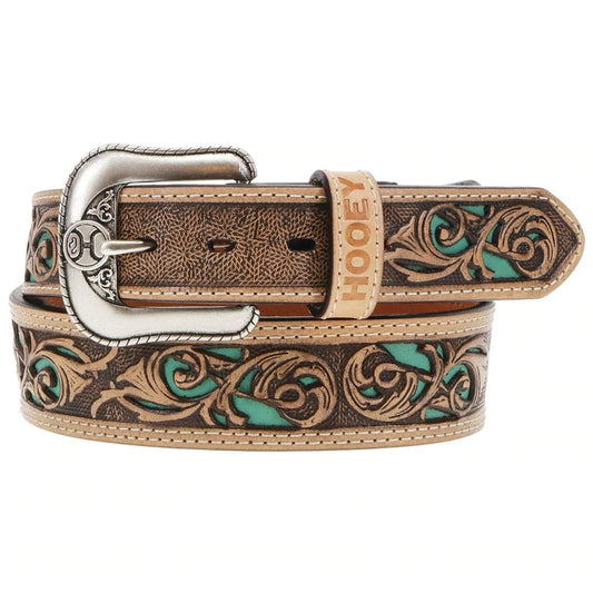 "Top Notch" Hand Tooled HOOEY Belt Natural/Turquoise