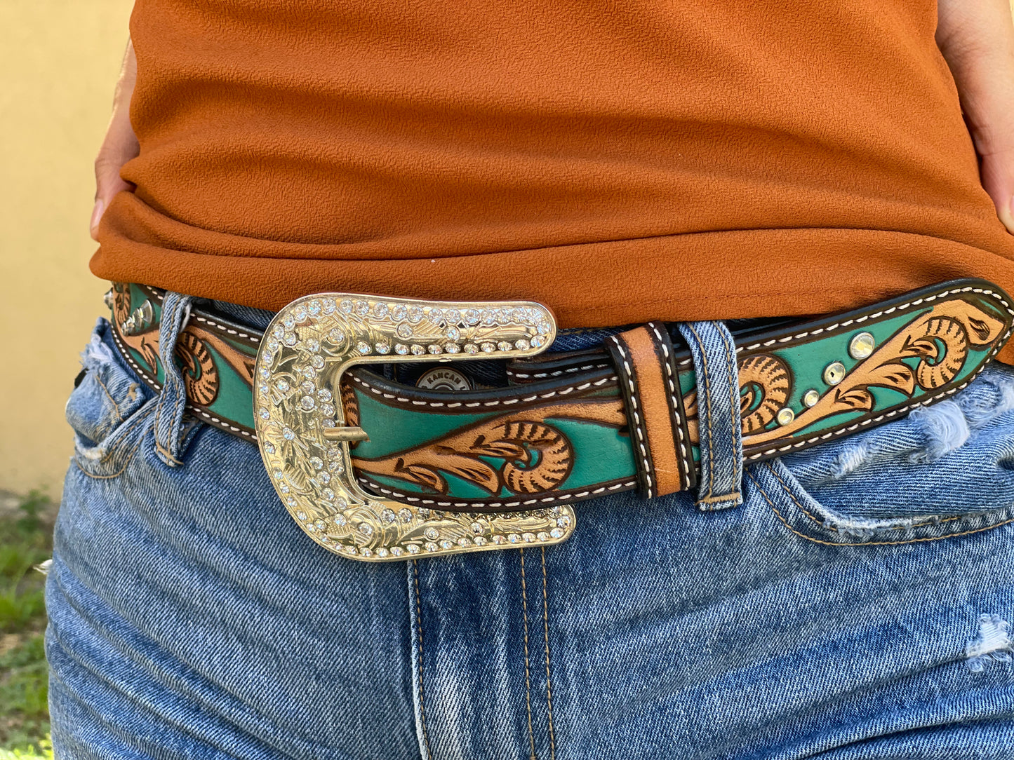 Women's Angel Ranch Flowered Aqua Belt