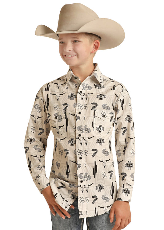 Rock & Roll Boy's Natural Aztec Poplin Snap Ls Shirt
