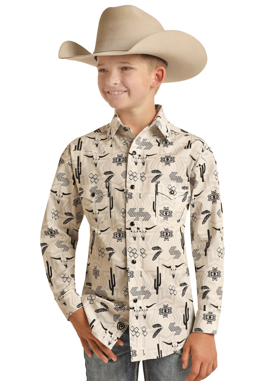 Rock & Roll Boy's Natural Aztec Poplin Snap Ls Shirt