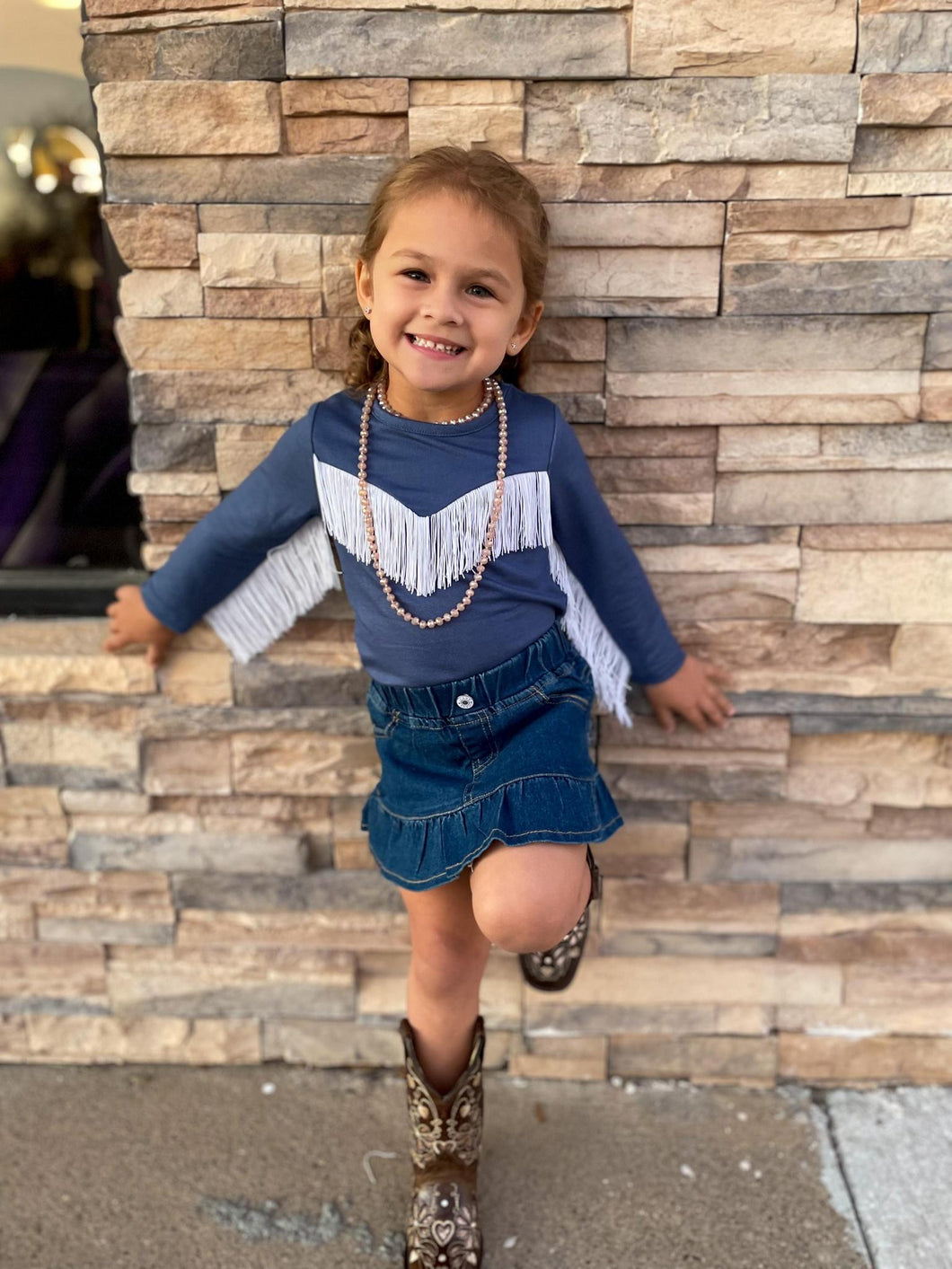 Shea Baby Blue Solid Long Sleeve W/Fringe