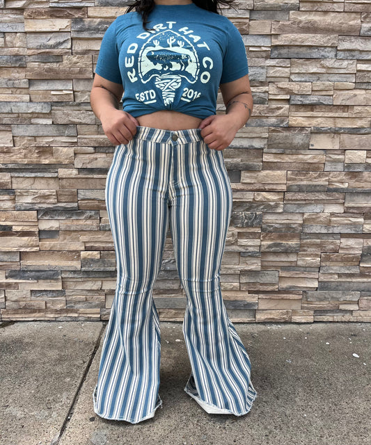 Button Bells High Rise Striped Flare Jeans