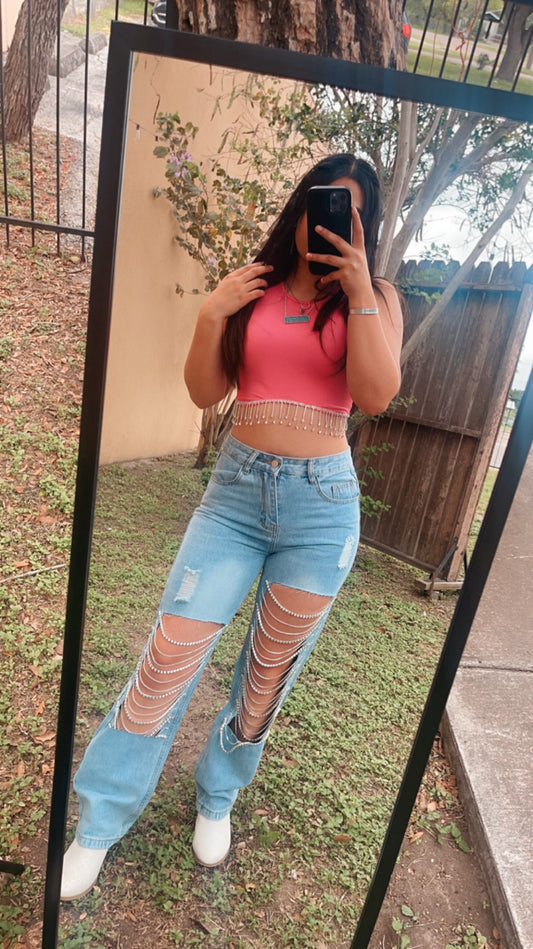 Denim Rhinestone Chain Pants - Light Wash