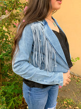 Load image into Gallery viewer, Rock &amp; Roll Cropped Denim Fringe Jacket
