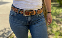 Load image into Gallery viewer, Womens Cowhide Tooled Belt with Turquoise Studs
