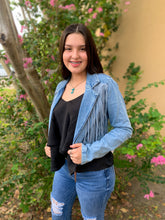 Load image into Gallery viewer, Rock &amp; Roll Cropped Denim Fringe Jacket

