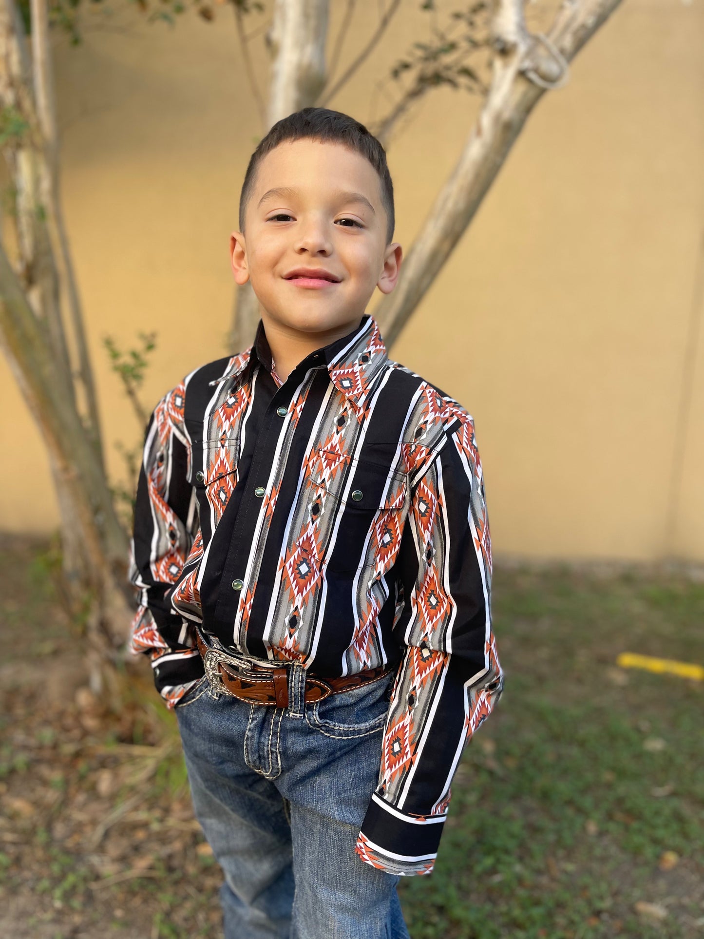 Wrangler Boy's Orange/Blk Checotah Long-sleeve Pearlsnap