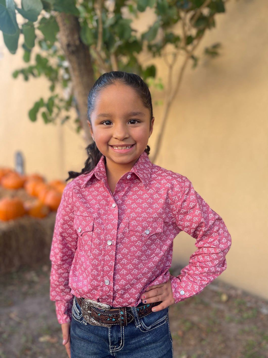 Girls Panhandle Horse Print LS Snap