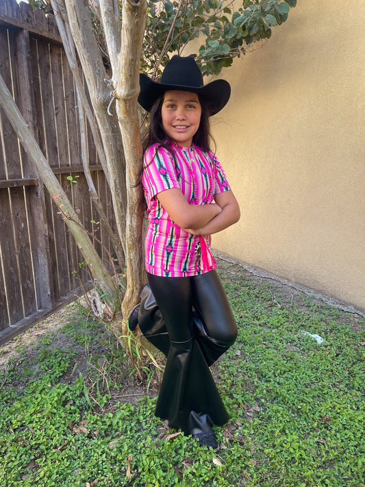 Girls Black Faux Leather Stretch Bell Bottom Pants