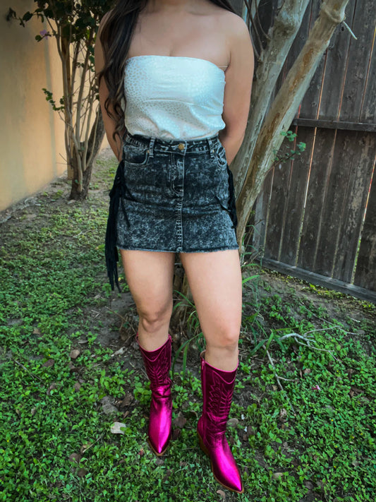 Denim Black Fringe Skirt