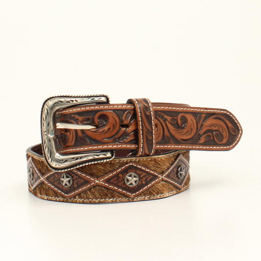 ARIAT MENS BELT 1 1/2 CALF HAIR CONCHO TOOLED BROWN