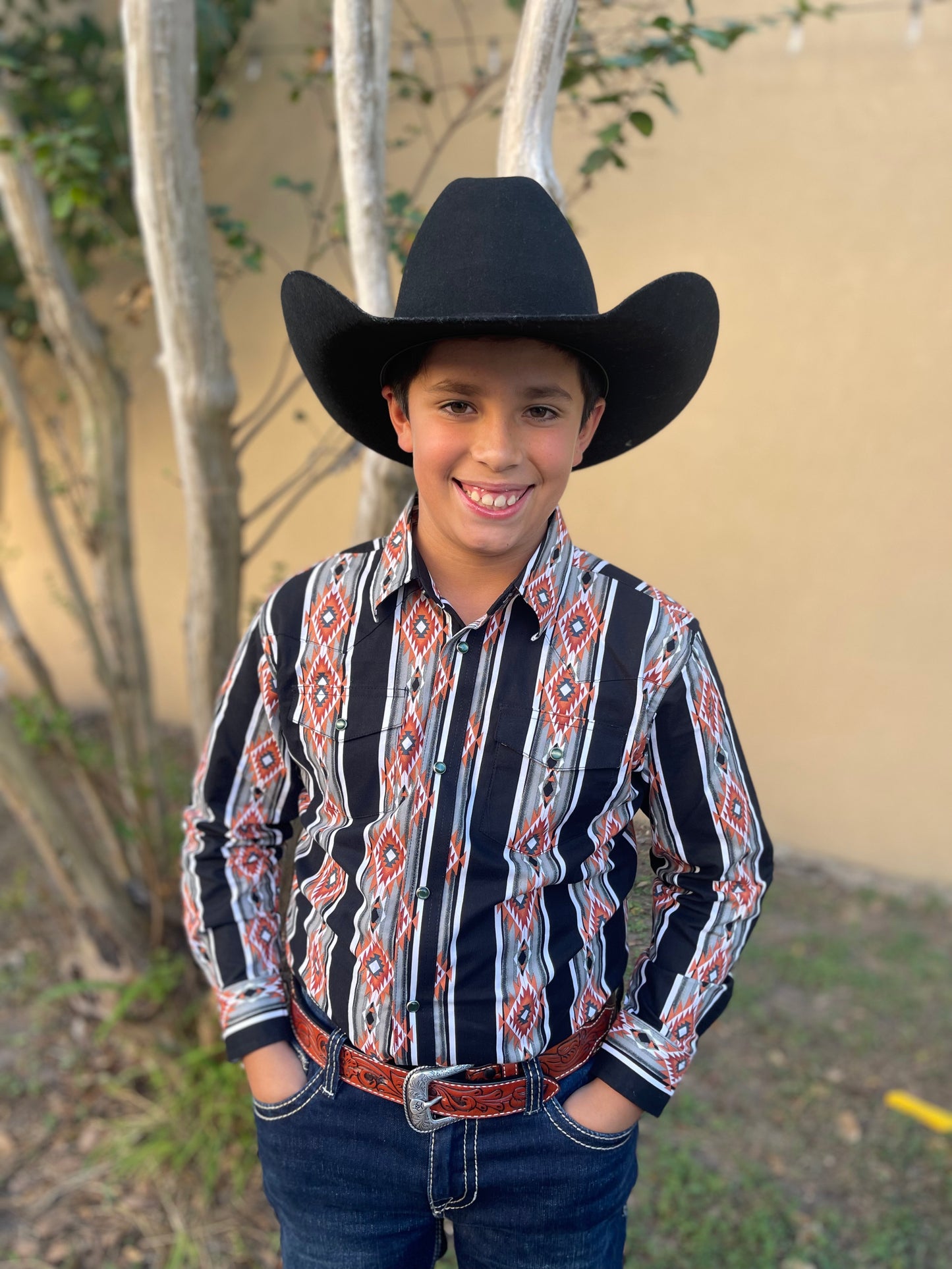 Wrangler Boy's Orange/Blk Checotah Long-sleeve Pearlsnap