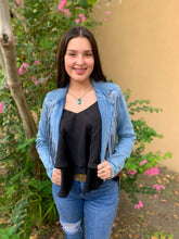 Load image into Gallery viewer, Rock &amp; Roll Cropped Denim Fringe Jacket
