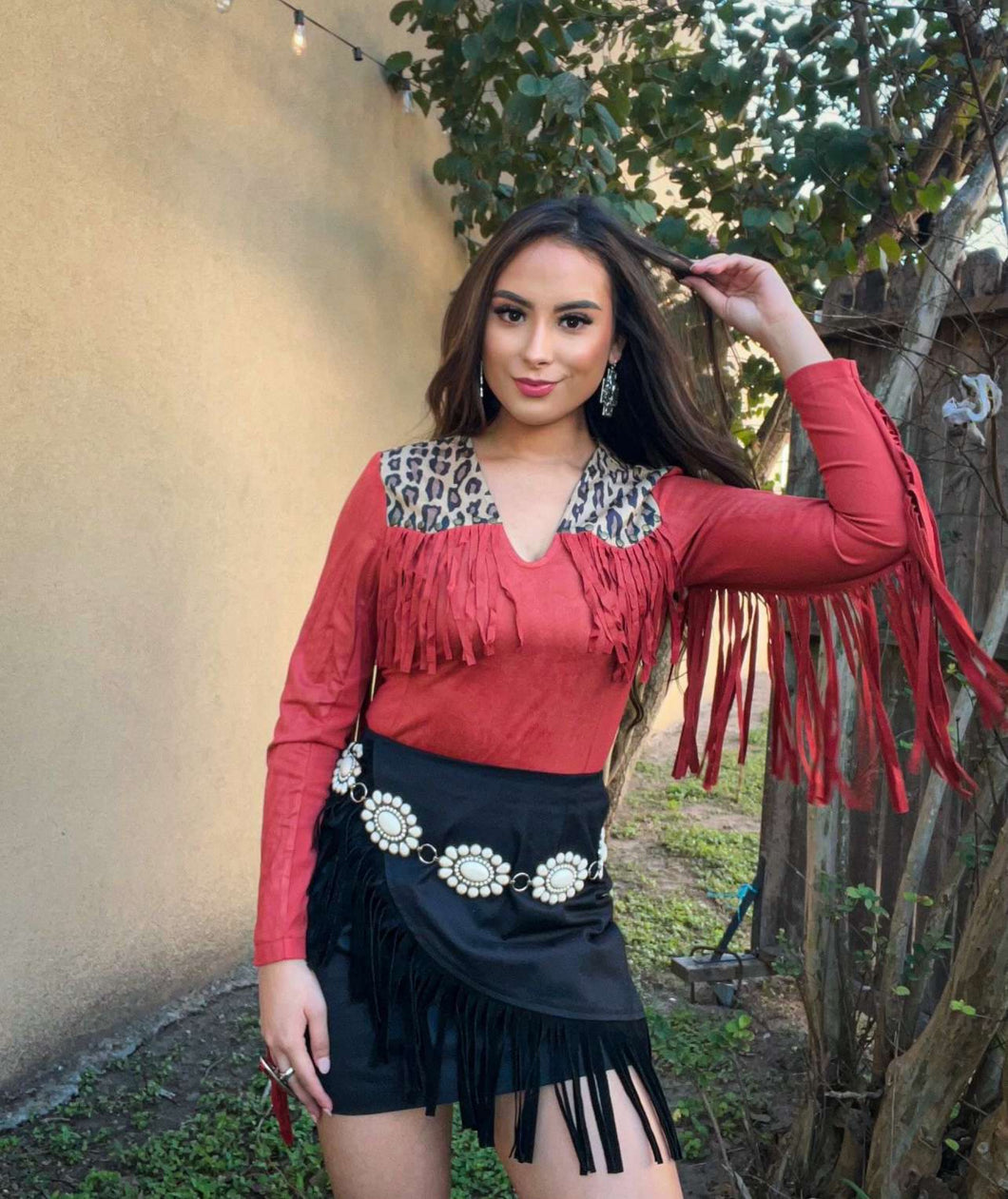 Rustic Red L/s Fringe Bodysuit