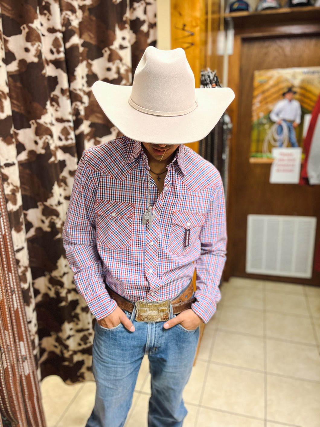 Men's Wrangler Red, White, & Blue Plaid LS