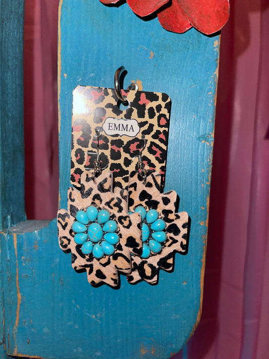 Leopard & Turquoise Leather Earrings