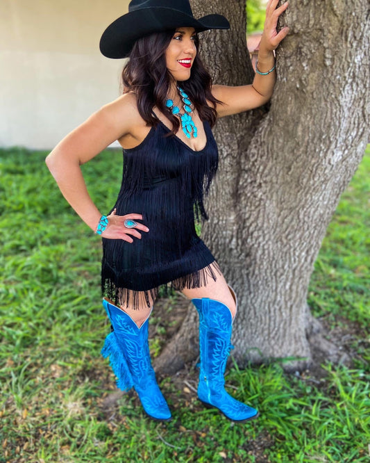 Horsag Knee-High Turquoise Fringe Boots